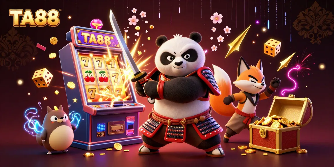 Engage in thrilling gaming with TA88, featuring a lively samurai panda and dynamic slot machine action.