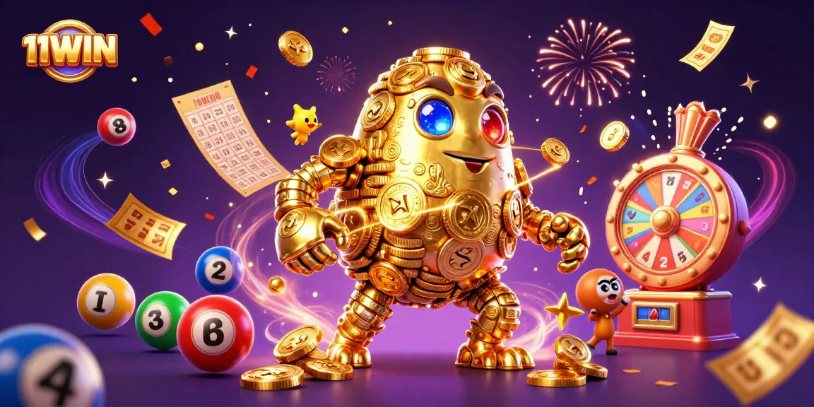 Engage in excitement with 11WIN's vibrant casino experience filled with dynamic lottery balls and golden golem.