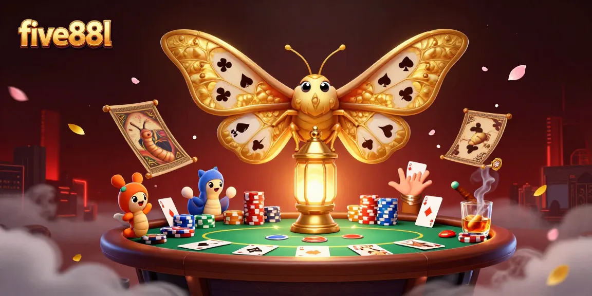 Experience the thrill of five88l with vibrant casino scenes, golden moths, and epic poker action.