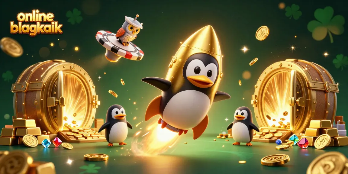 Engage in exciting online blackjack adventures with a cartoon penguin and lavish casino treasures!