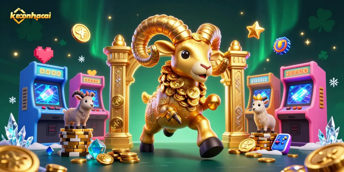 Experience the excitement of keonhacai with a dynamic scene of a golden ram amidst casino elements.
