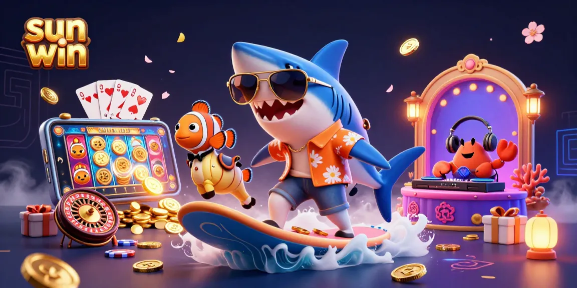 Join the vibrant world of sun win, featuring a dynamic scene of colorful characters celebrating casino games and winning moments.