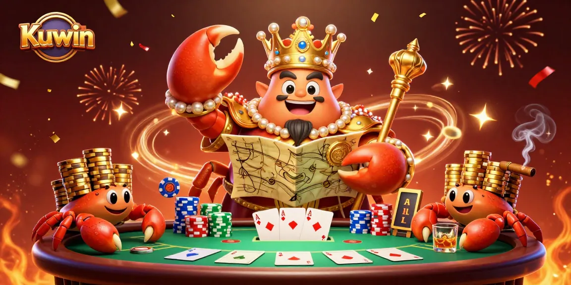 Kuwin offers an exciting online casino experience as a golden crab emperor presides over a lively poker game.
