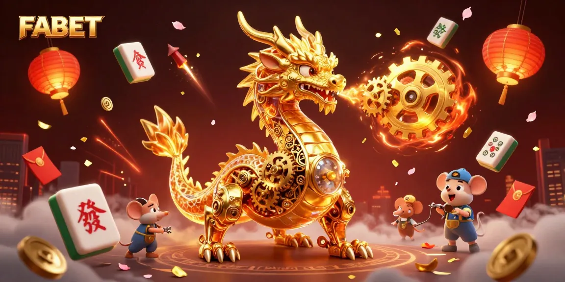 Experience FABET's vibrant casino world with a golden dragon and lucky symbols of fortune.
