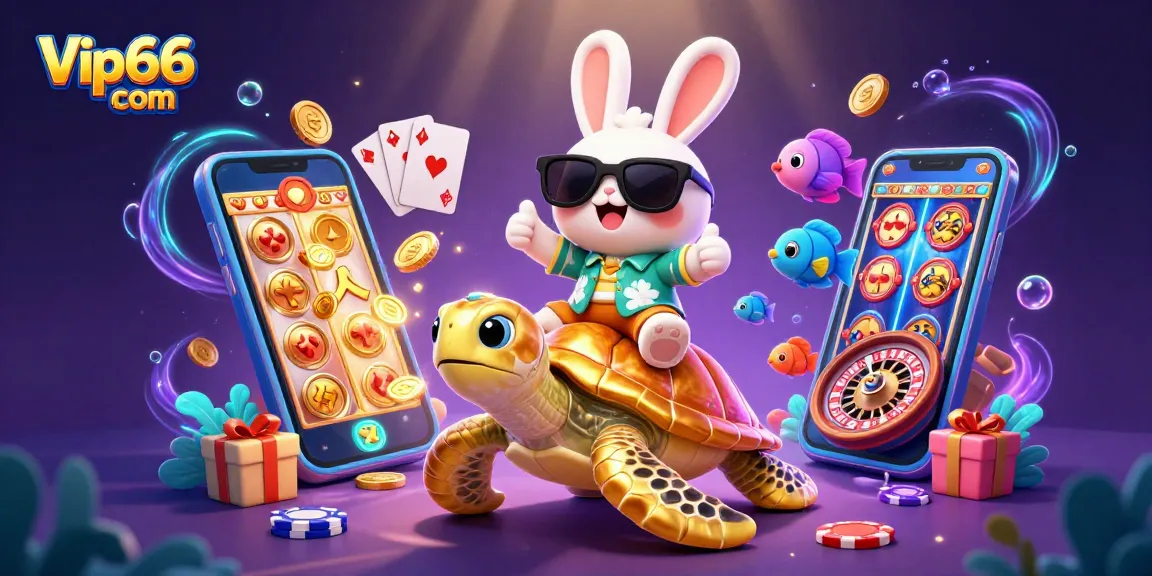 Engaging scene of Vip66 com featuring a lucky rabbit and turtle amidst underwater casino excitement with vibrant colors.