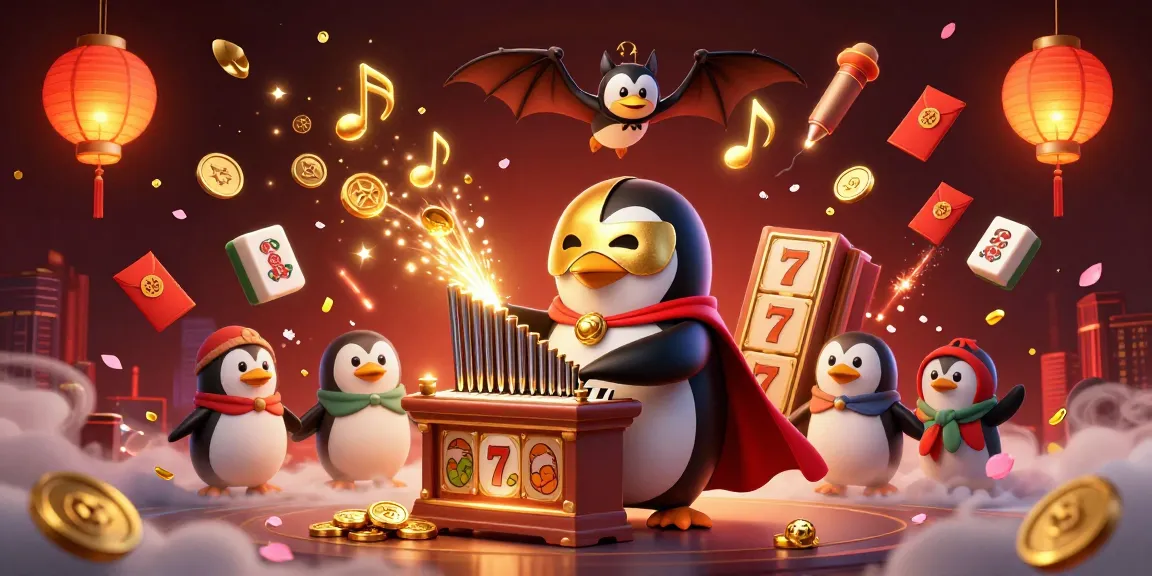 LUCK8 presents a thrilling scene with a phantom penguin and floating slot reels