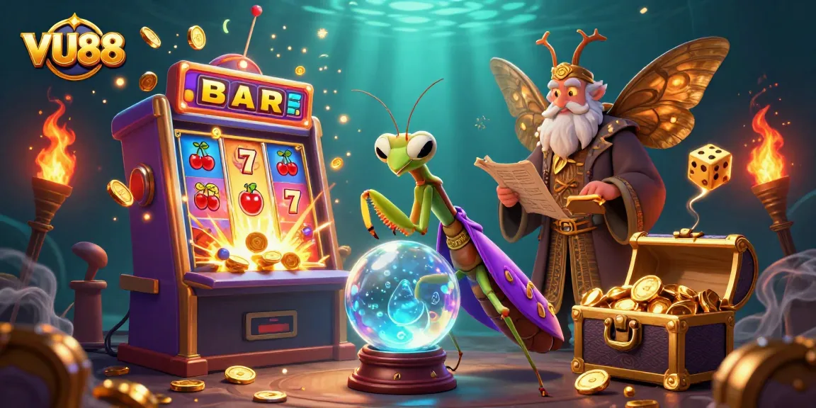 Experience VU88's thrilling casino action with vibrant 3D illustration of fortune tellers and slot games.