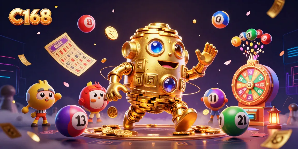 Experience the excitement of C168 casino with vibrant lottery elements and a golden golem.