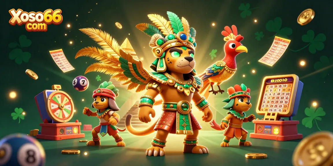 Xoso66 com showcases vibrant lottery elements amidst dynamic Mayan characters and rich casino visuals.