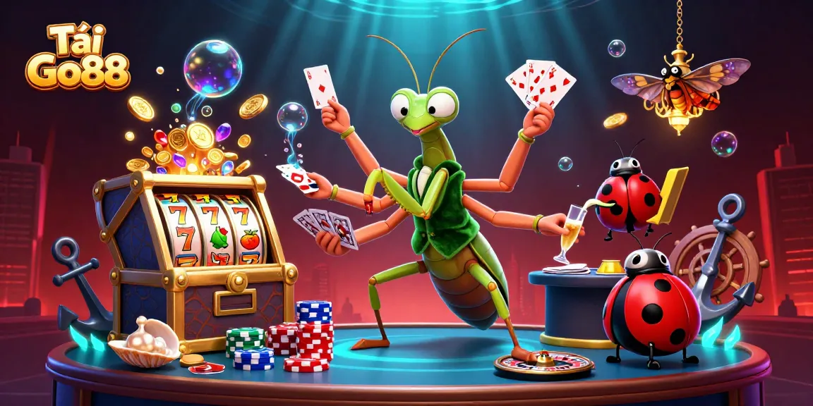 Tải Go88 in a vibrant casino-themed scene with a giant mantis, a ladybug pit boss, and dynamic gaming elements.