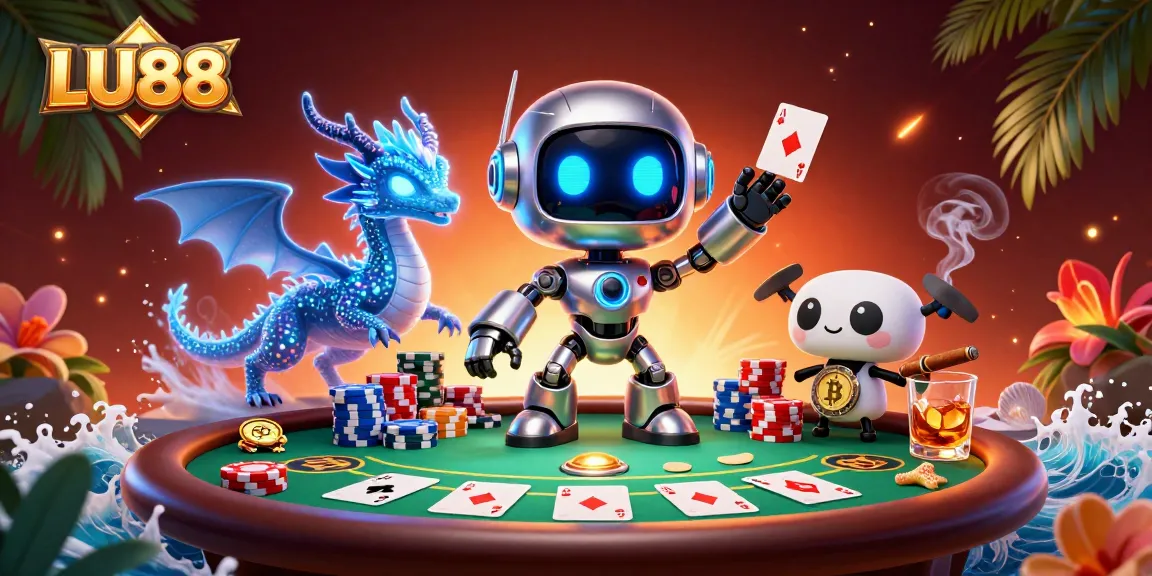 Join the excitement at LU88 with a vibrant 3D scene featuring a cyberpunk robot and poker elements.