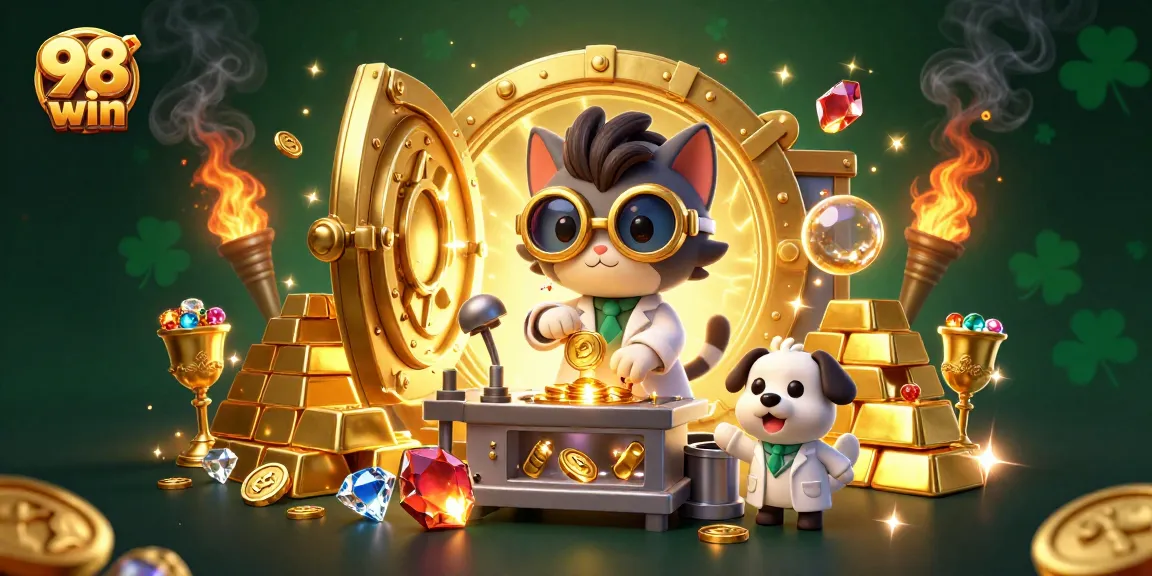Experience the thrilling world of 98 win with vibrant characters creating a gold fortune in an exciting casino scene.