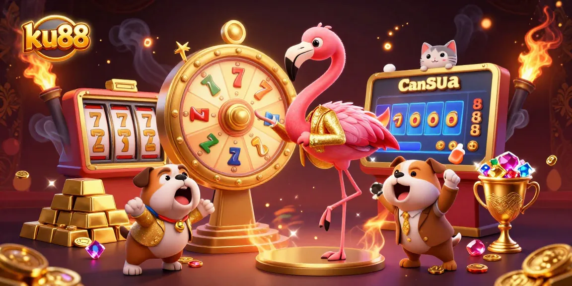 ku88 showcases an exciting game show scene with flamingo, bulldog, and cat amidst slot reels and gold treasures