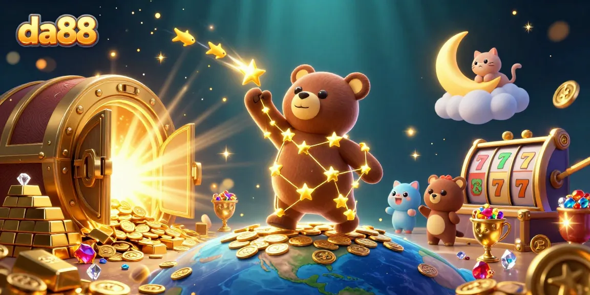 Join the da88 slots adventure with a festive scene of golden treasure and animated characters.
