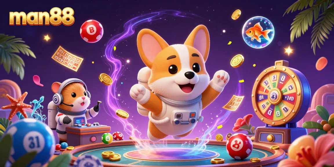 Engage with man88's thrilling casino experience featuring playful characters and vibrant game elements.