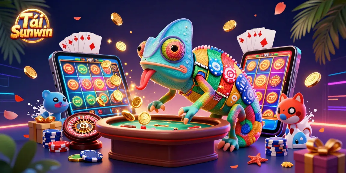 Tải Sunwin on an engaging 3D chameleon casino scene featuring vibrant games, dynamic coins, and excitement.