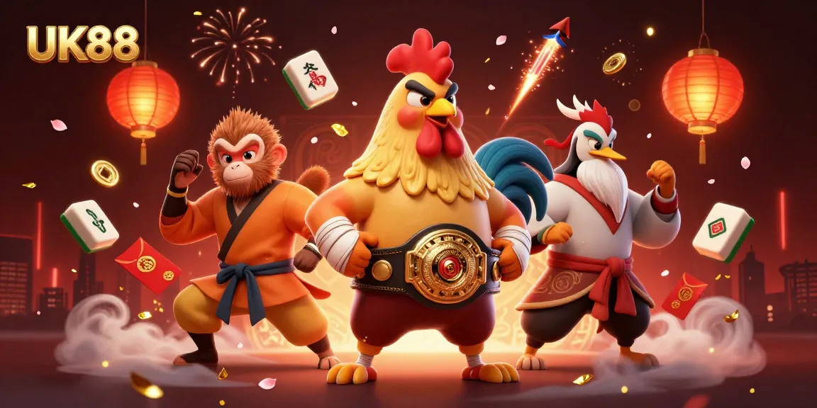 Play to win at UK88 featuring a fierce Muay Thai rooster, a Shaolin monkey, and a wise crane master.