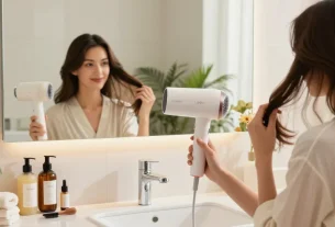 Laifen-Föhn in Benutzung für eine glänzende Frisur in modernem Badezimmer.