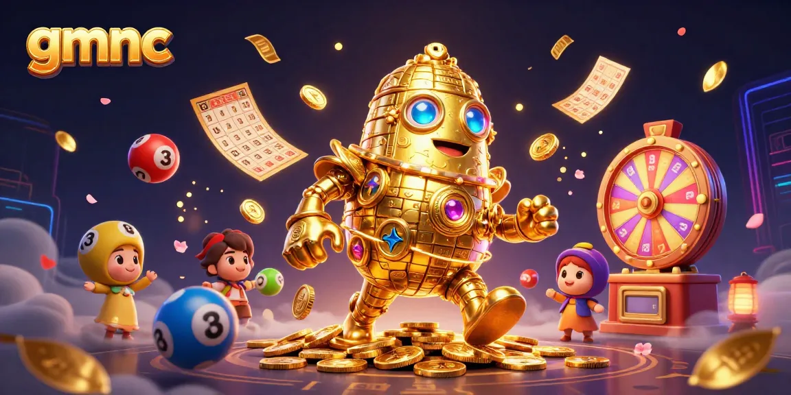 Experience gmnc's exciting world with a golden golem and vibrant lottery elements dynamically engaging in gameplay.