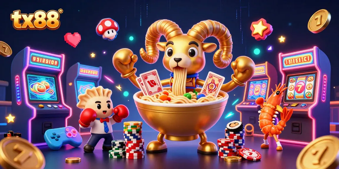 Experience the fun at tx88 with a vibrant scene featuring a golden ramen bowl character dealing cards and surrounded by arcade game elements.