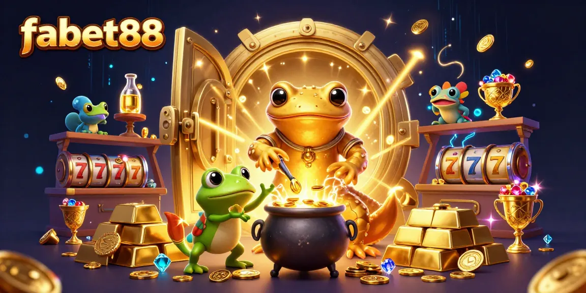 Engage in thrilling gaming at fabet88 with dynamic slots and golden treasures in this vibrant 3D illustration.