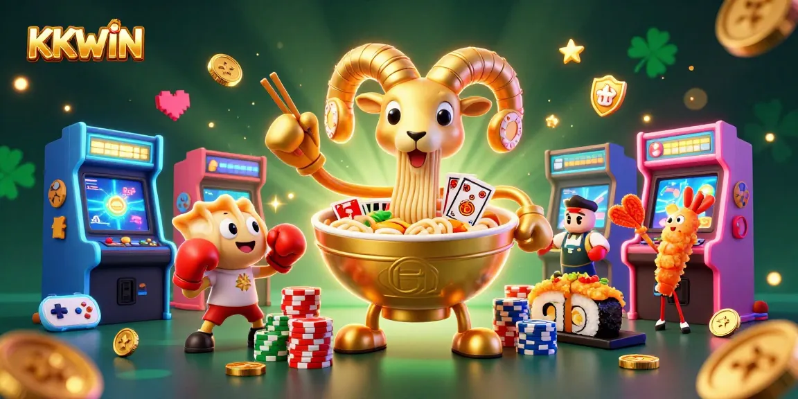KKWIN engages players with a vibrant scene featuring a 3D ramen bowl dealer and casino elements.